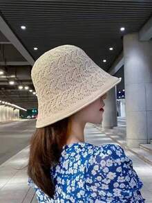 Women's Knitted Straw Double Layer Bucket Hat - Hollow Out Breathable Foldable Wide Brim, Summer Beach Fashion Choice - One Size - View 8