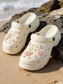 Women's Beige Thick Sole EVA Clogs With Pink & White Daisy Flower Decor, Summer Indoor/Outdoor Beach Holiday Slides - White - View 3