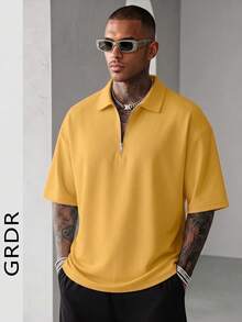 GRDR 男士夏季半拉鍊 Polo 短袖 T 恤，純色經典款，適合戶外休閒穿著 - 黃色 - 查看 4