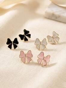 1 Pair Gold Elegant Enamel Bow Stud Earrings For Women, Minimalist Sweet Design, Suitable For Daily Commute And Party Wear - bow earrings - View 1
