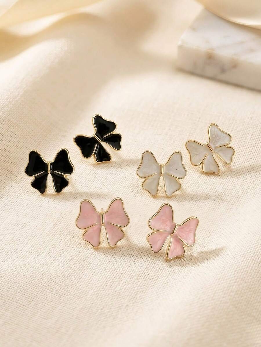 1 Pair Gold Elegant Enamel Bow Stud Earrings For Women, Minimalist Sweet Design, Suitable For Daily Commute And Party Wear - bow earrings - View 1