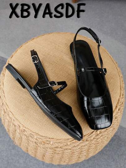 XBYASDF Women's Square Toe Flat Shoes, Black Crocodile Embossed Backless Buckle Loafers, Elegant And Comfortable