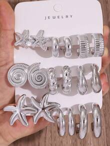 3/9 Pairs Large C-Shape/Starfish/Shell Shaped Silver-Plated Women's Earrings Set, Suitable For Beach Vacation And Daily Wear - Silver Gray - View 14