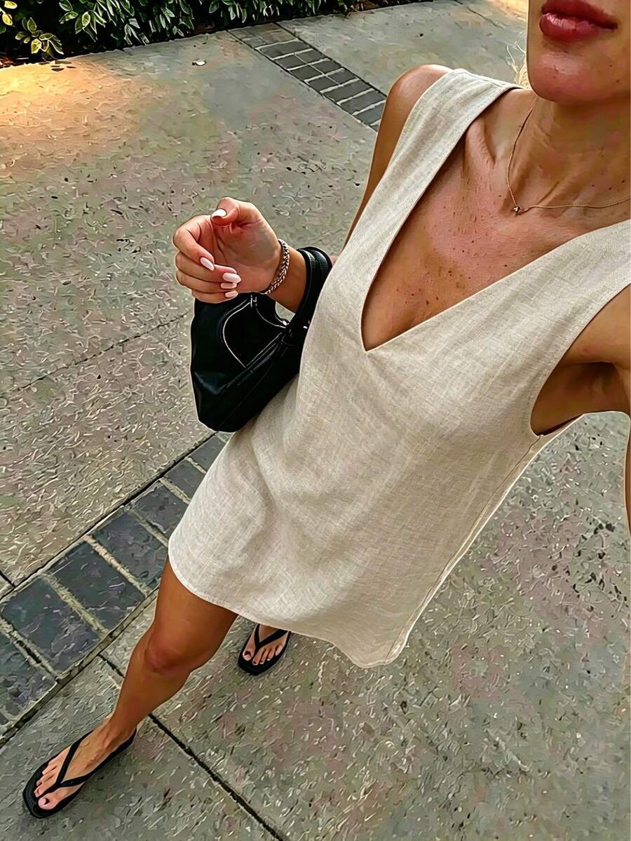 Vuslat Women's Sleeveless V-Neck Dress, Solid Color, Linen-Like Fabric, Elegant And Woven, Casual, Suitable For The Beach, Parties, Weddings, Vacations And Birthday Parties - 羅莎 - 查看 1