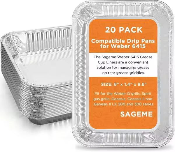 Sageme 20 Pack Grills Compatible Drip Pans 6415 For Grills Spirit Gas Grills, Q Grills, Genesis And Genesis II LX 200 300 Series Disposable Aluminum Foil Grease Trays 6 X 1.4 X 8.6 Inches