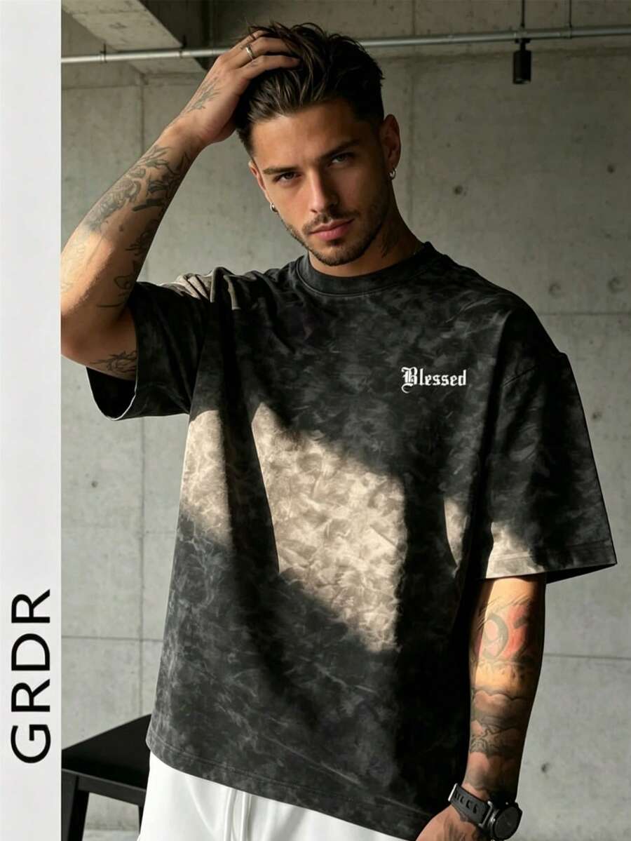 GRDR Kaos Pria Gaya Retro Amerika Minimalis dengan Motif Huruf, Leher Bulat, Lengan Pendek, Nyaman & Bernapas untuk Musim Panas - Hitam - View 1