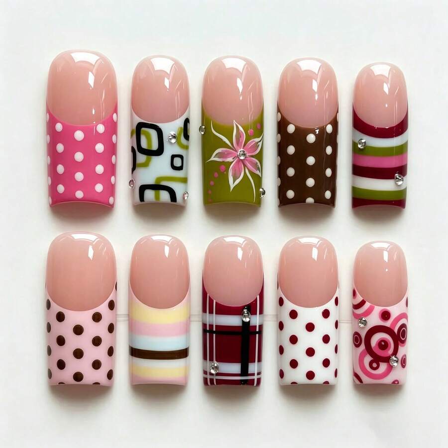 10 Pcs Handmade Press On Nails - French Tip Medium Square Fake Nails With Polka Dot Stripe Floral & Rhinestone - Reusable False Nail Tips For Women Girls, Ideal For Valentine's Day Party Daily Wear - Nhiều màu - Xem 1