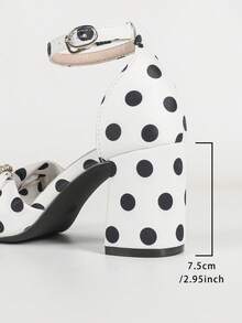 Women's Thick Platform Height-Increasing Bow Decor Polka Dot Print Square Toe Single Ankle Strap Chunky High Heel Sandals French Style Summer White & Black Colorblock Open Toe Shoes - Black and White - View 8