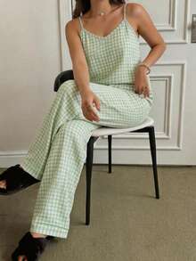 Women's Pajama Set Home Wear Set Simple Plaid Print Style Camisole And Long Pants, Spring/Summer - Mint Green - View 3