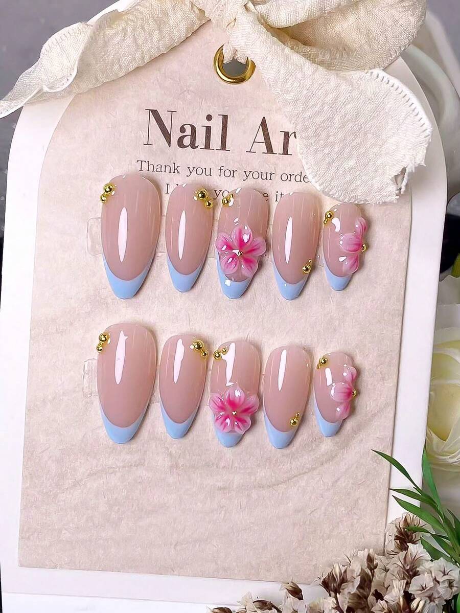 10 piezas de uñas postizas de almendra hechas a mano – puntas francesas azules con degradado rosa y arte floral, detalles de flores pintados a mano & cuentas doradas. Elegantes, románticas & reutilizables, perfectas para el glamour diario, citas, fiestas, vacaciones y regalos para mujeres. - Multicolor - Ver 1