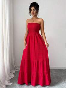 Vestido casual sin tirantes estilo INS para vacaciones de verano para mujeres - Caqui - Ver 2
