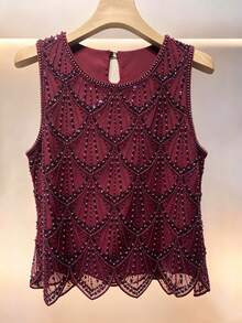Women's Elegant Party Purple Blouse - Sleeveless Sequin Blouse, Casual Wear - Easy Care Hand Wash Evening Gown, Summer Fashion, Shiny Sequins - Red Violet - View 10