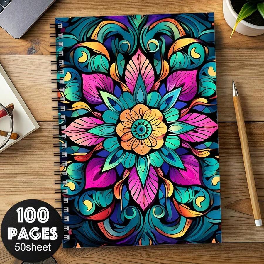 1pc Vivid Retro Mandala Floral Wreath Spiral Notebook - Art Travel Journal And Diary Planner With Beautiful Floral Design, 100 Pages, Perfect Gift For Friends And Family, Journal Writing | Intricate Pattern Cover | Paper Quality School Supplies - D - View 1