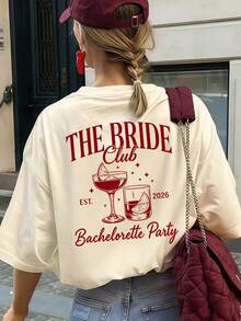2026 Bride Club Vintage Cocktail Graphic Back Print Loose Short Sleeve T-Shirt, Casual Comfortable Bride Party Top, Suitable For Bachelorette Party, Bride Party, Girls' Night, Pre-Wedding Trip, Vacation Outfit And Daily Streetwear - Apricot - View 5