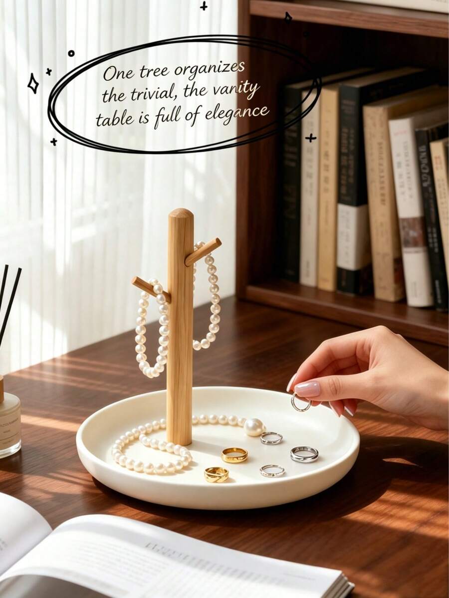 1pc Wooden Tree Branch Jewelry Display Stand, White Round Tray Necklace, Earring, Ring Storage Organizer, Vanity Or Desktop Small Accessory Organizer