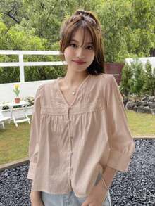 Blusa Con Botones Frontales, Manga Abullonada Y Detalle De Encaje - Rosa - Ver 1