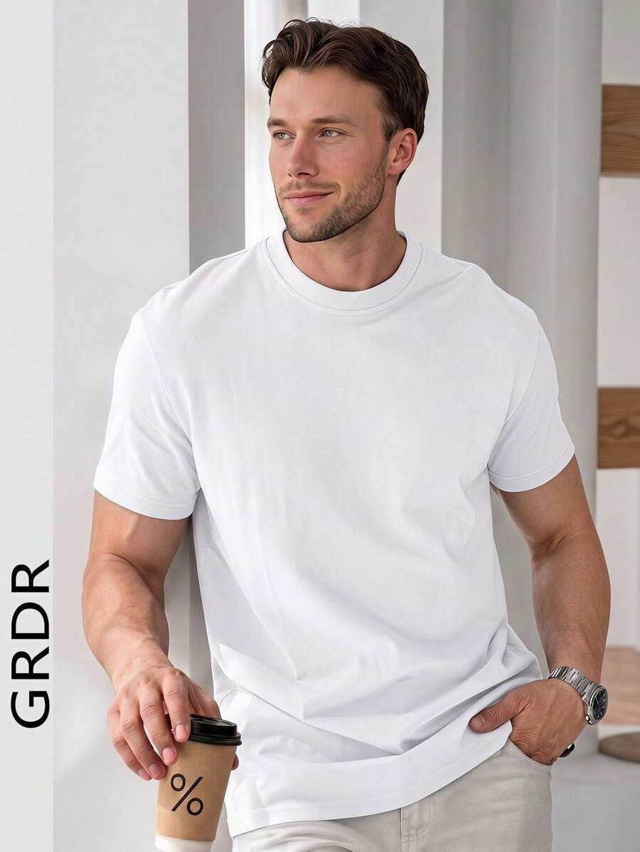 GRDR Men's Retro Minimalist Solid Color Washed Short Sleeve T-Shirt, Suitable For Summer Wear, Comfortable & Breathable, Leading Fashion - White - View 1