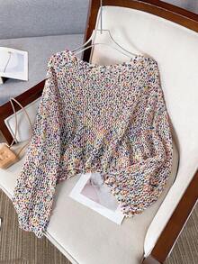 1pc Contrast Color New Design Niche High-End Elegant Unique Elegant Top Hollow Long Sleeve Round Neck Gentle Style Casual Knit Sweater Vacation - Multicolor - View 3