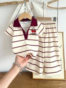 2pcs/Set Baby Girls' Collegiate Sports Style Cherry & Letter Embroidery Striped Polo Shirt + Matching Straight Pants Set, Summer - Apricot - View 1