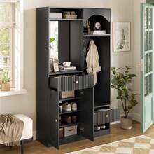 Black 100 Cm Entryway Hall Tree In MDF With Mirror, Hooks And Bench - Black - View 8