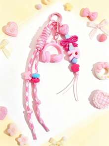 1pc Mini Earphone Keychain Woven Lanyard, Anti-Lost Hanging Chain Colorful Letter Bow Bag Charm - Multicolor - View 7