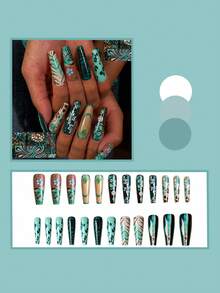 Wild Leopard Blue Floral Fake Nails Long T-Shape Painted Cool Hot Girl Flower 24pcs Wearable Nail Tips - Multicolor - View 2