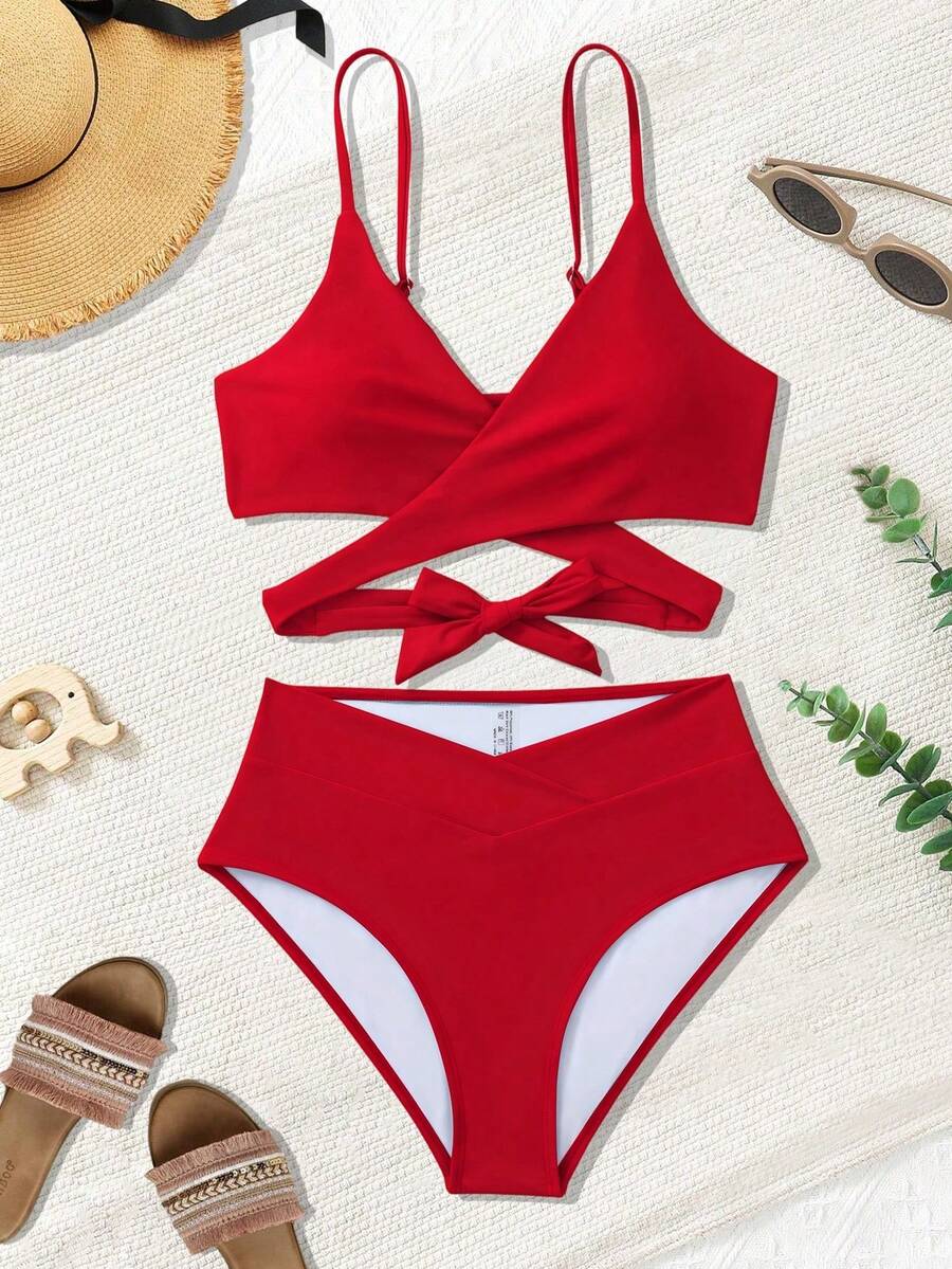 Bikini minimalista de unicolor 2026, ropa de baño de playa de vacaciones de verano - Rojo - Ver 1
