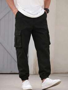 Men's Black Multi-Pocket Cargo Joggers, Casual Outdoor Sports Elastic Waist Practical Long Pants Fall - Black - View 2