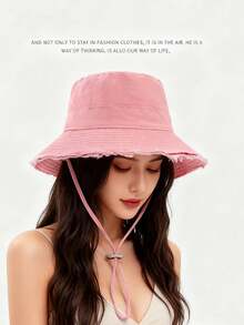 1pc Women's Drawstring Decor Bucket Hat, Adjustable Chin Strap Design, Distressed Effect, Soft Fabric, Sun Protection, Windproof, Fashionable And Versatile, Suitable For Travel, Beach, Vacation And Daily Casual Wear, Elegant And Stylish. - A - View 10