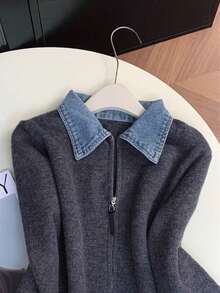 Women's Autumn/Winter Denim Collar Patchwork Lapel Long Sleeve Double Zipper Slouchy Versatile 2 In 1 Knit Cardigan Sweater - Grey - View 3