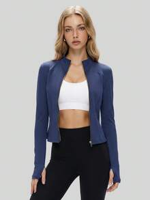 NcmRyu Women's 1pc Metal Zipper Small Stand Collar Thumb Hole Long Sleeve Slim Fit Sports Jacket - Navy Blue - View 7