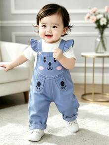 Baby Girl 6M-3T Denim Overalls, Denim Jumpsuit, Cartoon Rabbit Overalls, Toddler Casual Pants, Cute Baby Long Pants, Breathable, Suitable For Daily Outdoor Photography - Blue - View 5
