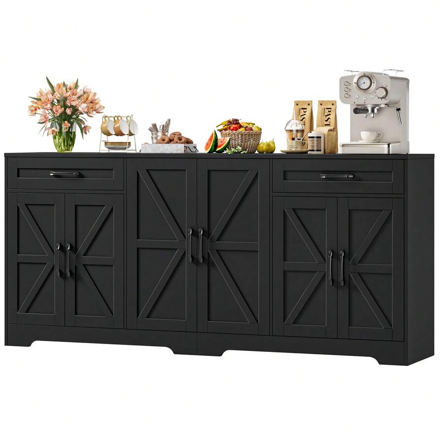 Sideboard, 180cm Large Kitchen Sideboard With 6 Barn Doors & 2 Drawers Farmhouse - 黑色 - 查看 1