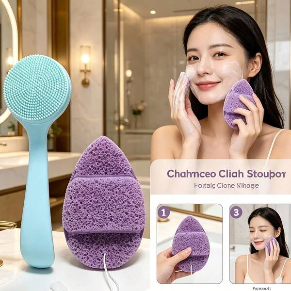 2pcs Silicone Face Cleansing Brush + Sponge Face Scrub Pad, Dual-Effect Deep Cleansing Facial Cleansing Set, Easily Remove Makeup Residue