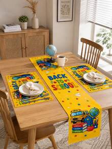 1pc-Back To School Table Runner And Placemats Set, Yellow School Bus Linen Table Decor With Books, Apple, Globe And Stars For Welcome Back Party, Teacher Classroom, Dining Room And Kitchen - Multicolor - View 8