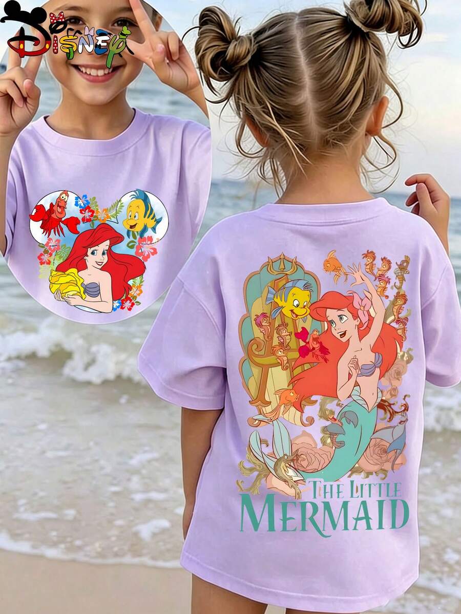 Disney Mermaid Princess Ariel Double-Sided Print Kids' T-Shirt, Cute Cartoon Casual Tee, Perfect For Daily Wear, Family Outings And Beach Trips - 淡紫色 - 查看 1