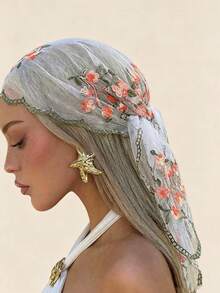 1PC New Embroidered Floral Print Gauze Headscarf, Simple Summer Sun Protection Scarf, Lightweight Casual, Versatile Square Headwrap, Suitable For All Seasons, Essential Accessory For Travel And Vacation - Multicolor - View 5