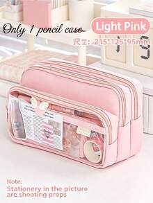1pc Cute Pink Pencil Case With Transparent Window, Multi-Layer Large Capacity Stationery Organizer Bag, Waterproof Zipper Storage, First Day Of School - Multicolor - View 5