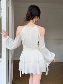 Vestido casual de mujer de unicolor elegante con mangas farol y hombros descubiertos - Rosa Pálido - Ver 3