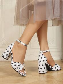 Women's Thick Platform Height-Increasing Bow Decor Polka Dot Print Square Toe Single Ankle Strap Chunky High Heel Sandals French Style Summer White & Black Colorblock Open Toe Shoes - Black and White - View 3