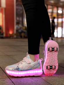 青少年輪滑鞋 爆款四輪溜冰鞋 小號四輪輪鞋 LED可充電發光鞋 亮燈鞋 - 粉色 - 查看 9