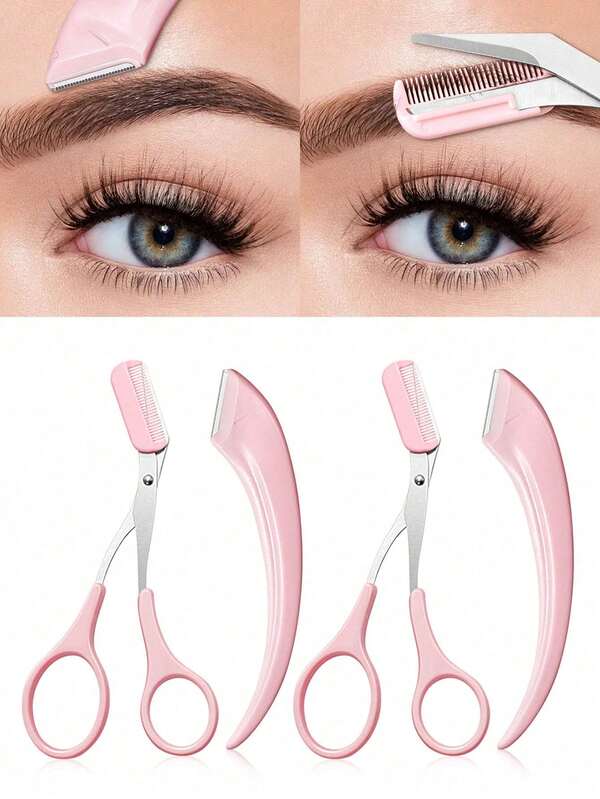 Pink Eyebrow Scissors And Comb Set, Stainless Steel Long Handle Precision Eyebrow Razor With Sheath. Portable Beauty Care Tool, Suitable For Daily Use, Travel And Hair Salon. Mini Travel Set, Suitable For Vacation And School, A Cute Summer And Back To School Gift For Women And Girls.