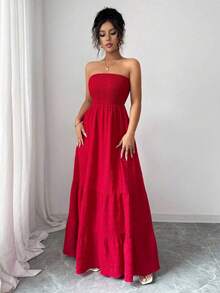 Vestido casual sin tirantes estilo INS para vacaciones de verano para mujeres - Caqui - Ver 7