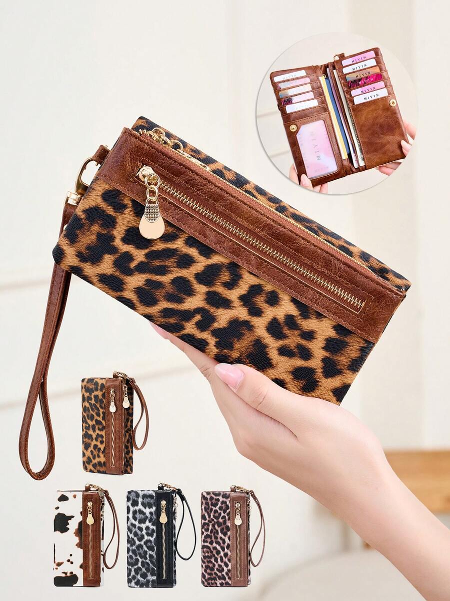 FOREVER MIYIN Minimalist Leopard Print Women Wallets, Multi Card Holder Wristlet Coin Purse, Large Capacity Passport Organizer Bags For Daily Travel Essentials