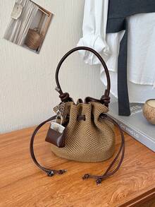 Summer Large Capacity Handbag Casual Hollow Straw Woven Bag Pastoral Artistic Handbag Beach Vacation Sand Bucket Shoulder Bag - Khaki - View 9