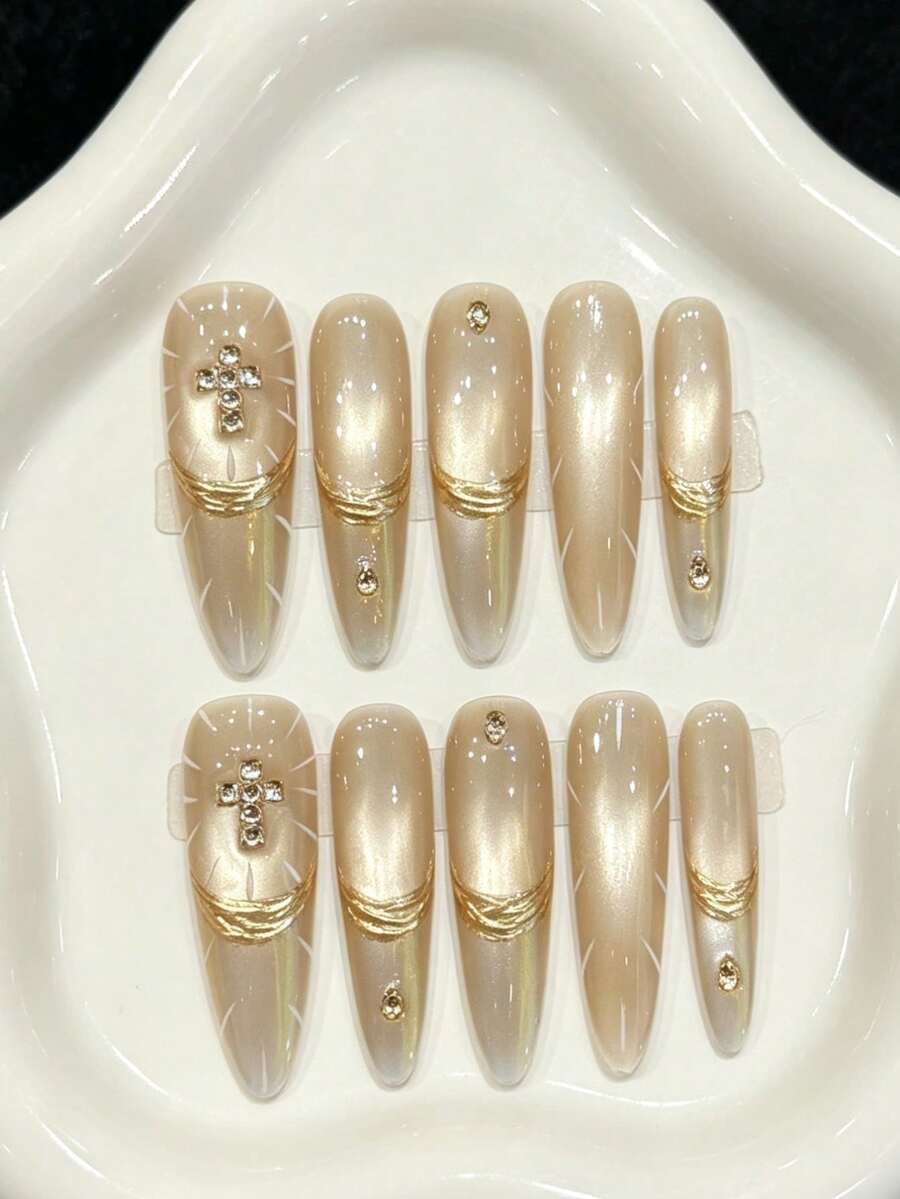 10PCS Long Stiletto Handmade Press On Nails For Party And Daily Wear,Light Gold Nails,Light Gold Gradient Cross Golden Texture Handmade Press On Nails.Easy To Wear,Summer Nails,Suitable For Girls And Women Festivals Parties And Daily Wear