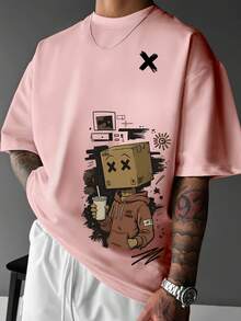 Camiseta de moda para hombre con estilo urbano y un divertido estampado de cabeza en caja - Corte holgado casual, diseño asimétrico, patrones de dibujos animados marrones y blancos, perfecta - Multicolor - Ver 1