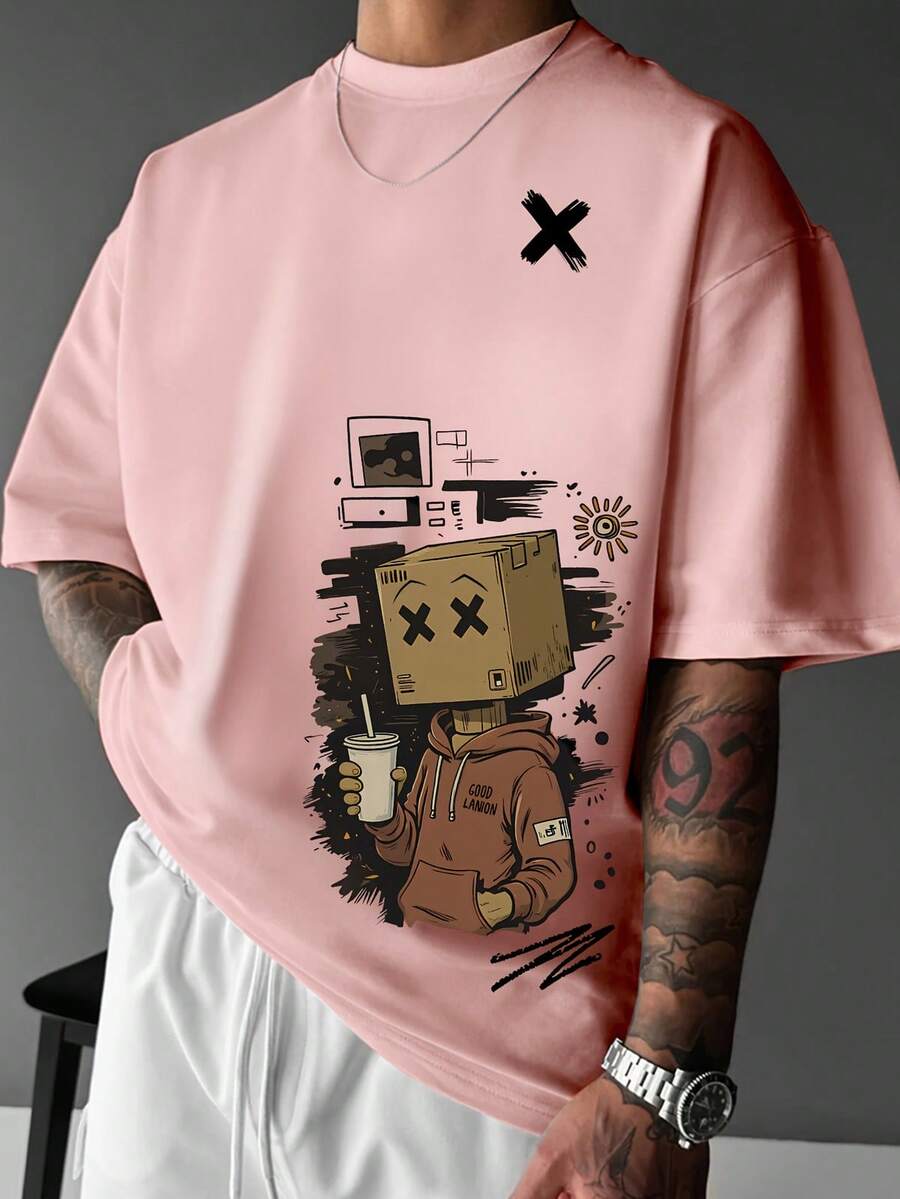 Camiseta de moda para hombre con estilo urbano y un divertido estampado de cabeza en caja - Corte holgado casual, diseño asimétrico, patrones de dibujos animados marrones y blancos, perfecta - Multicolor - Ver 1