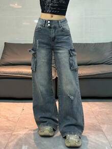Loose-Fitting, Distressed Gray Cargo Trousers With A High Waist, Double Button, Rips, And Multiple Pockets, Floor-Length. - Medium Wash - View 2