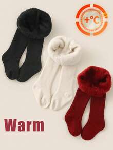 3 Pairs Girls' Brushed Fleece Tight Leggings, 3 Colors Simple Versatile Everyday Style, Suitable For 1-10 Years Old Children - Multicolor - View 9
